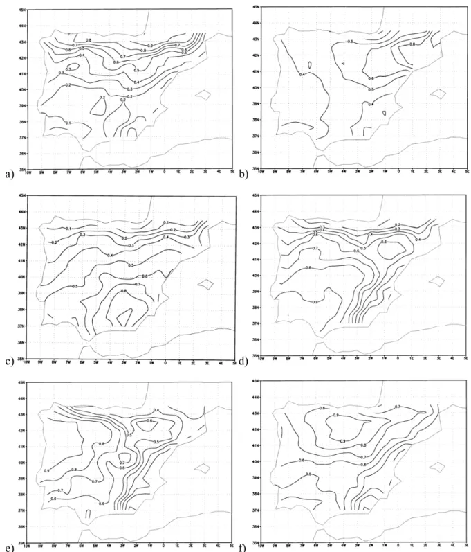 Fig. 2. Patterns of the selected Varimax rotated PCs corresponding to the HIPOCAS precipitation field for the: a)  Fig