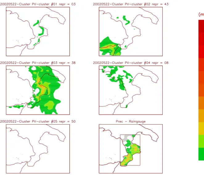 Fig. 3. Total precipitation accumulated for the representative member forecasts and for raingauges (lower right panel) from 18:00 UTC 24 May to 00:00 UTC 26 May 2002