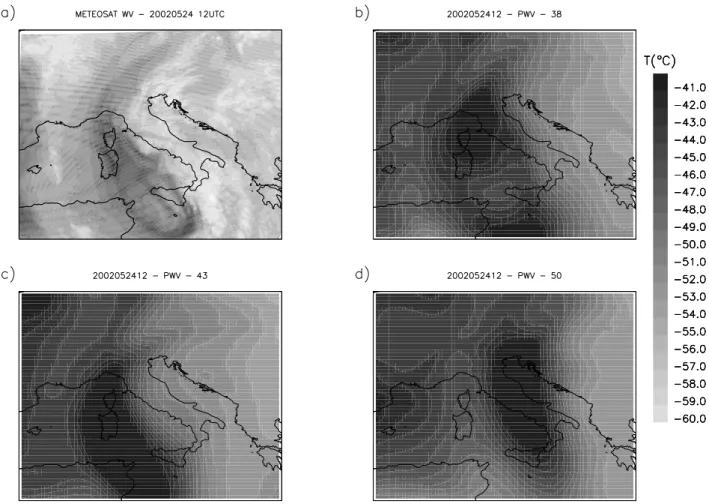 Fig. 4. METEOSAT 7 WV image and RAMS pseudo water vapor images for 1200 UTC 24 May 2002