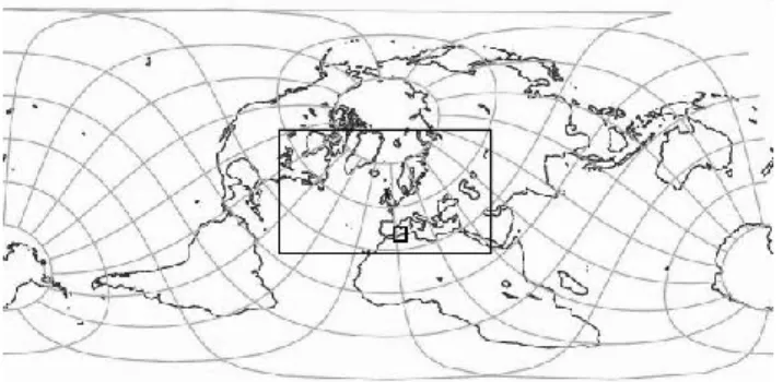 Fig. 1. Schematic showing the 20 km model domain nested within the 60 km global model and the 4 km model domain nested within the 20 km domain and centred on Algiers.