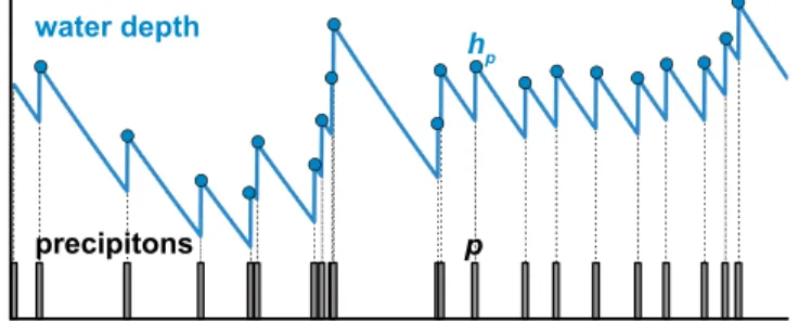 Figure 1. Schematic graph showing the evolution of (top) water depth and (bottom) precipiton arrival with time in a cell