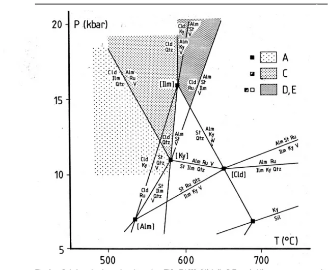 Fig.  2.  —  Relations  de  phases  dans  le  système  T i0 2-FASH.  L’échelle  P-T  est  établie  en  tenant  compte  des  résultats  expérimentaux  dans  le  système  ferreux  et  ne  peut  donc  être  directement  utilisée  dans  les  roches  étudiées.