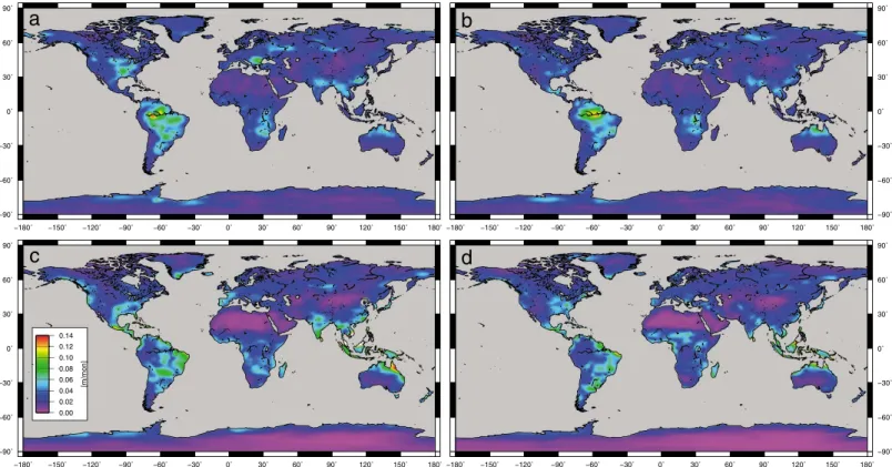Figure 2. (a) One-in-ﬁve-year levels of anomalously high total water ﬂux (TWF) as observed by the GRACE satellite mission (2003–2015), (b) one-in-ﬁve-year levels of anomalously low TWF from GRACE, (c) one-in-ﬁve-year levels of anomalously high TWF from ERA