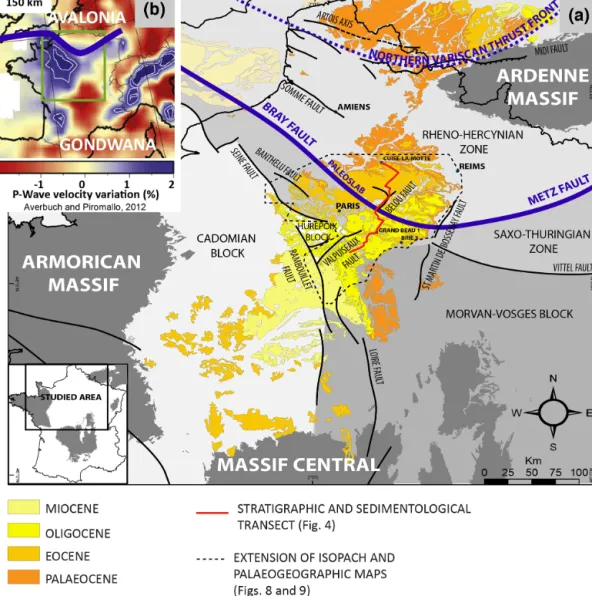 Figure 1. Geological characteristics of the Paris Basin. (a) Main tectonic units of the Variscan basement and present-day outcrops of the Cenozoic sediments
