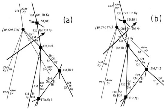 Fig. 10a will change to Fig.  10b at least in part of the P - T  field, by Fe_M g changes along the  (Bt, Chi, Tic) or (Bt, Cld, Tic) reactions