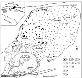 Figure  16.  Massif  de  Plouaret  Nord.  Les  intrusions  de  Lanvellec,  Ploubezre,  Begard,  Tonguédec  et  Ponthou  sont  magnésio-potassiques,  métalumineuses  à  légèrement  peralumineuses