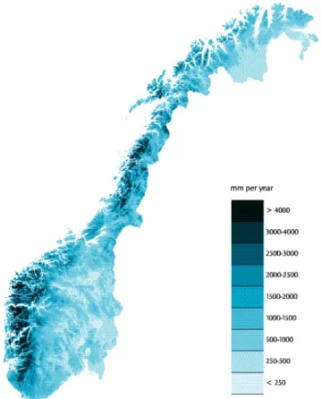 Fig. 7. Map of average annual runoff for Norway for the period 1961-1990. Spatial resolution 1 km 2 .