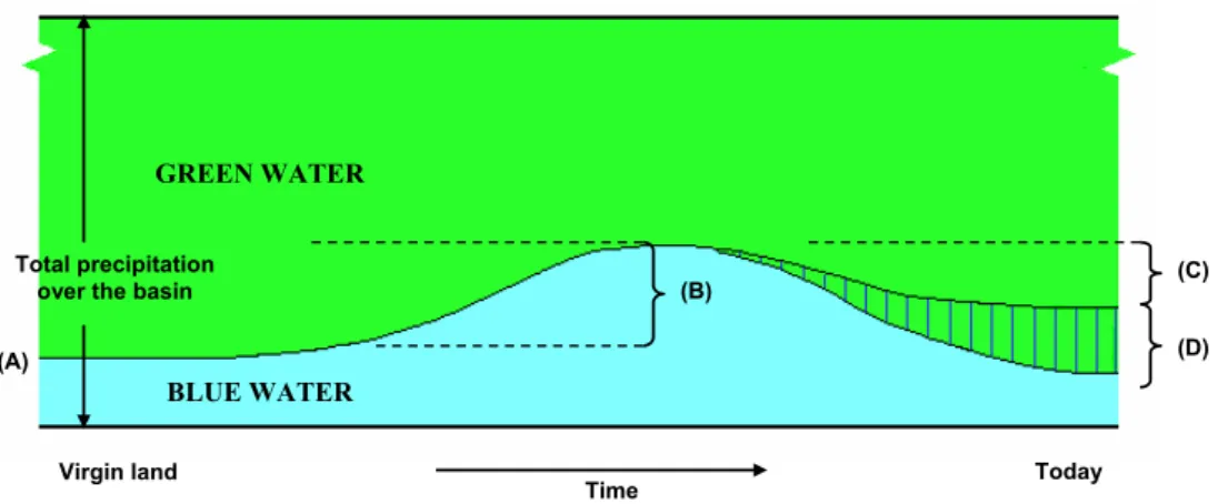 Fig. 6. Changes over time in water partitioning in a typical basin from un-disturbed to present