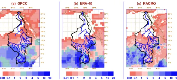 Fig. 10. Map results from March to May of 1999 precipitation in mm/day GPCC, ERA-40 and RACMO model.