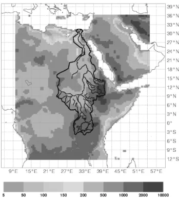 Fig. 1. Location and topography of the Nile Basin (m+MSL).
