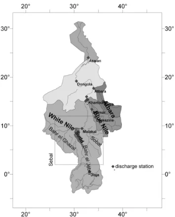 Fig. 3. Sub-catchments of the Nile and the discharge gauging loca- loca-tions.