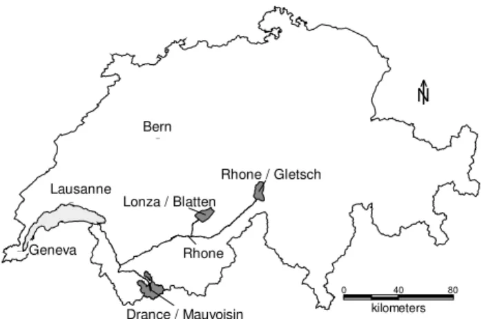 Fig. 2. Location of the case study catchments in the Swiss Alps (SwissTopo, 1997).