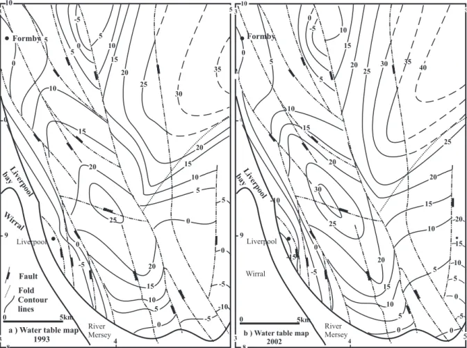 Fig. 8. Water table height in meters relative to the ordinance datum (OD, mean annual sea level); (a) 1993 and (b) 2002