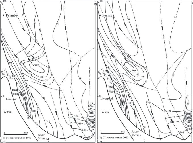 Fig. 9. Aqueous chloride concentration in mg/L contoured for (a) 1993 and (b) 2002. The maps were prepared using the same data as Fig