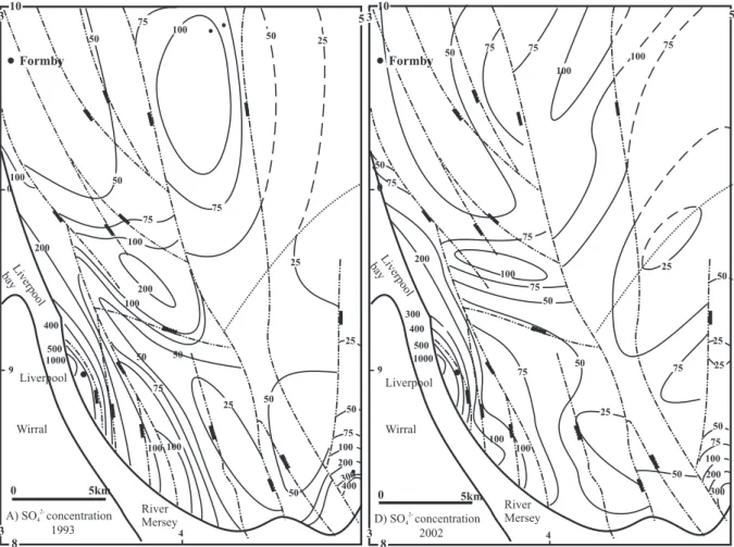 Fig. 10. Aqueous sulphate concentration in mg/L contoured for (a) 1993 and (b) 2002. The maps were prepared using the same data as Fig
