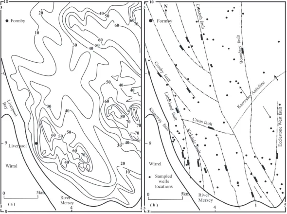 Fig. 2. (a) Topographic map with contours in meters, (b) Distribution of boreholes across the aquifer for which data have been used