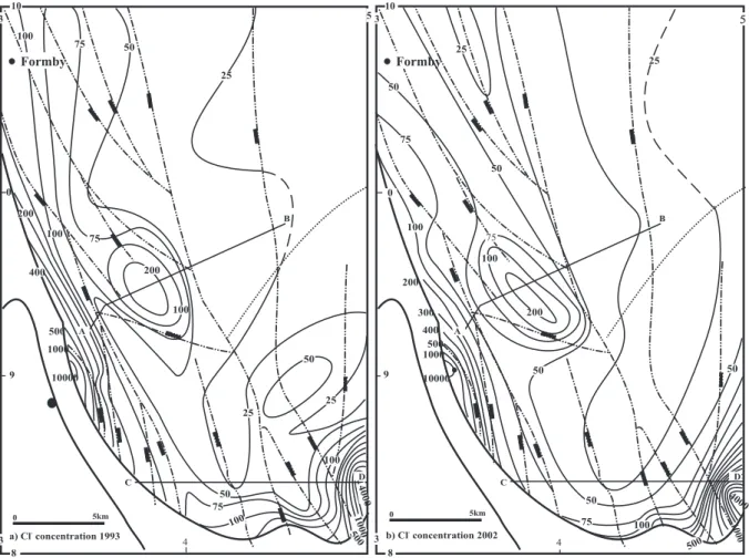 Fig. 5. Aqueous chloride concentrations in mg/L contoured for; (a) 1993 and (b) 2002. Contouring of chloride concentration was based on the assumption that the aquifer is not compartmentalised by the structure elements.