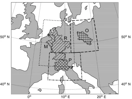 Fig. 1. Target areas of the ensemble member selections for the HIRLAM SE of the three heavy rainfall events