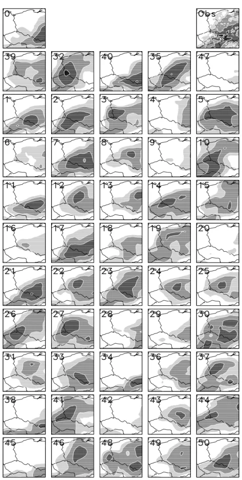 Fig. 2. 120h accumulated precipitation in the Odra region from the ECMWF ensemble forecast started at 12UTC, 1997-07-04