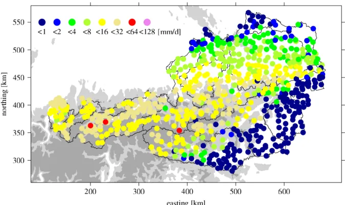 Fig. 2. Rain gauges locations of set ALL (bullets) considered in the present investigation and measured values (bullet colors) for 19 August 1999