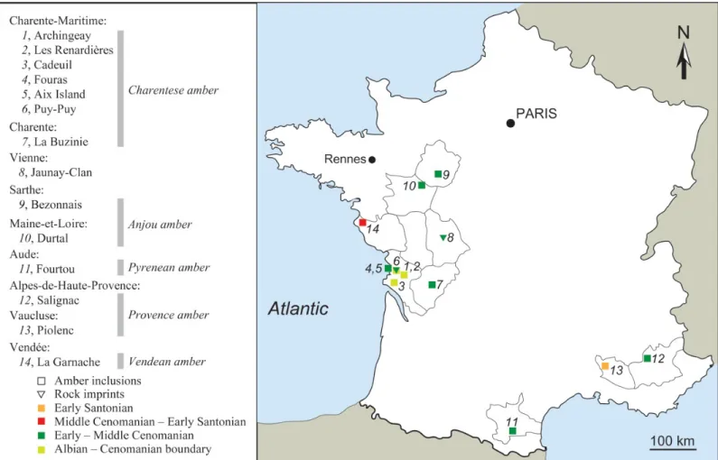 Figure A1. Location of the Vendean amber deposit and other known Cretaceous insect localities from France