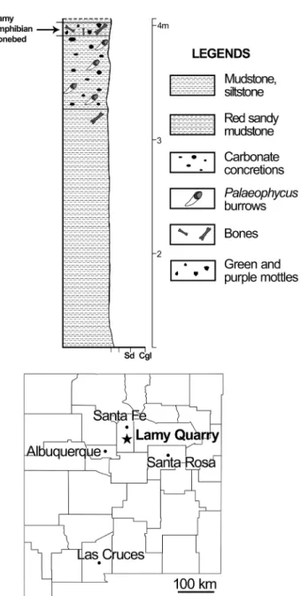 Fig. 1. Lithostratigraphic column of the Lamy Quarry (NMMNH  L-1176, black star on New Mexico map beneath)