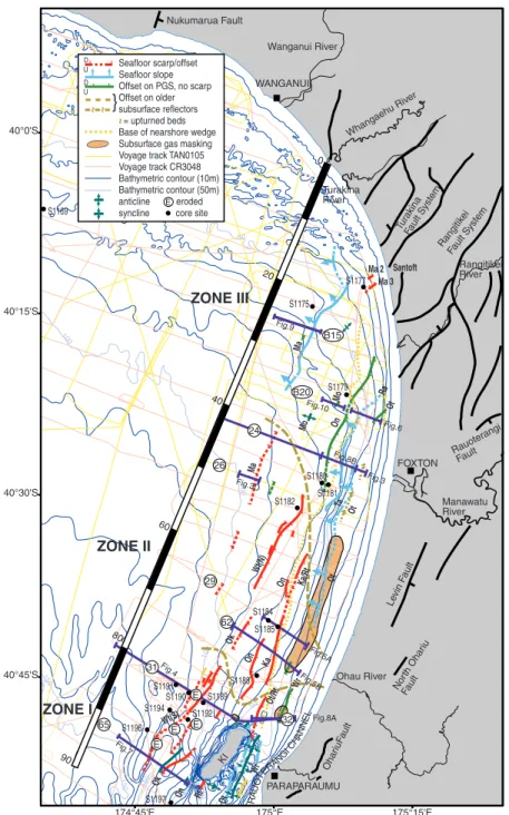 Figure 2. Neotectonic deformation map of the Kapiti-Manawatu Fault System (KMFS) showing the distribution of seafloor scarps and other surface and subsurface deformation