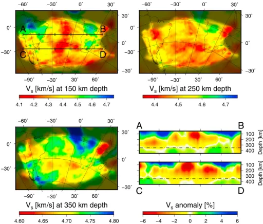 Figure 4. Horizontal slices of upper mantle seismic structure for the South Atlantic region in oblique Mercator projection, together with two vertical transects [Colli et al., 2013]