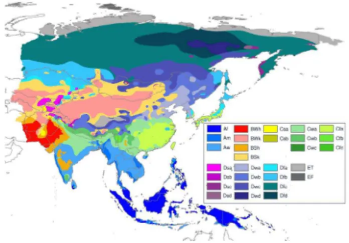 Figure 5 is based on 3650 precipitation and 944 temper- temper-ature stations. Of these stations a total of 748 had both precipitation and temperature data for the same location, from which the climate type could be independently  calcu-lated and checked a