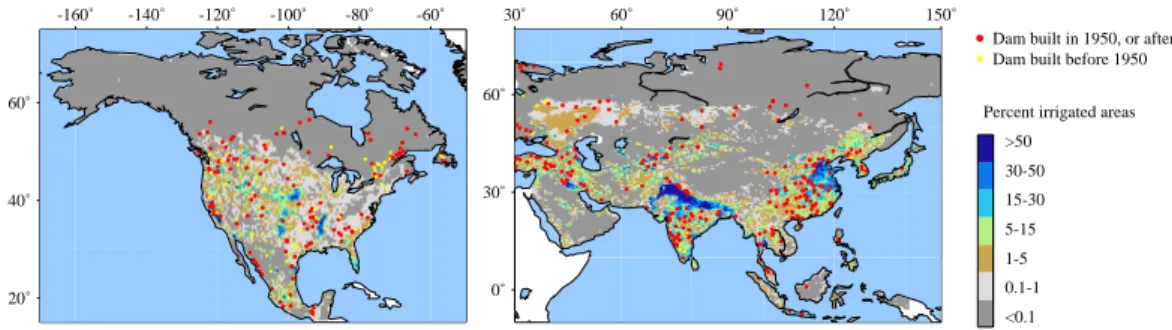 Fig. 1. The study areas, including the location of the dams taken into account in this study, and the percent irrigated area within each 0.5 degree grid cell.