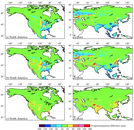 Fig. 5. Spatial effects on evapotranspiration. (a) The difference between current (1992) simu- simu-lation results, without irrigation and reservoirs, compared to historical (1700) simusimu-lation results.