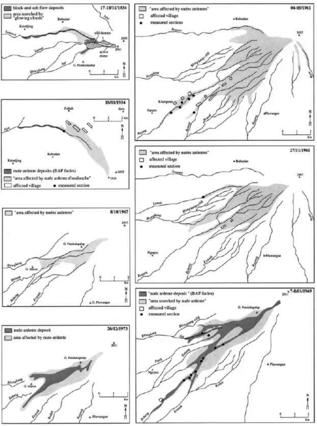 Fig. 3. Distribution of destruction and block-and-ash flow deposits by nuées ardentes from several recent  eruptions of Merapi volcano