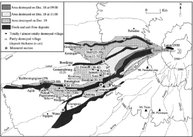Fig. 4. Map of the destruction area and block-and-ash flow deposits of the December 1930 eruption of Merapi
