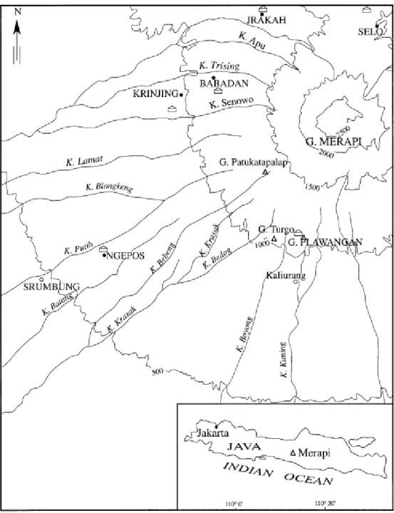 Fig. 1. Location map of the Merapi area showing the main drainages and topographic highs