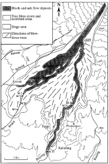 Fig. 2. Map of the destruction area by the November 1994 nuées ardentes, with generalized orientations of the  blow-down trees (adapted from Kelfoun et al