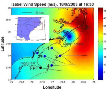 Fig. 1. Wind speed at 16:30 on 18 September 2003. Color bar at right gives scale in m/s