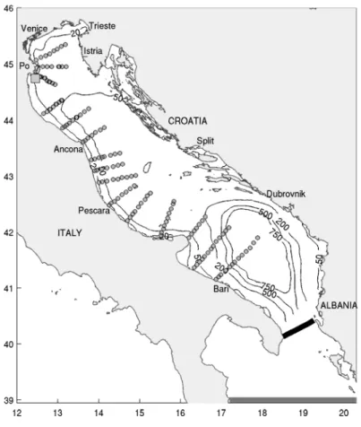 Fig. 1. Adriatic Sea coastline and bathymetry. Location of the measurements used are also shown: small circle are CTDs locations, light-grey square is S1 buoy