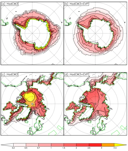 Fig. 4. Ice thickness for (a) HadCM3 (b) HadCM3+EVP for the SH; (c, d) the same, for the NH.