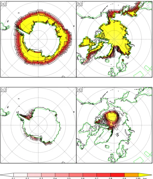 Fig. 9. Sea ice concentration at winter maximum in the optimised run HadCM3+P+M 5+P*5K, (a) SH in September and (b) NH in March;