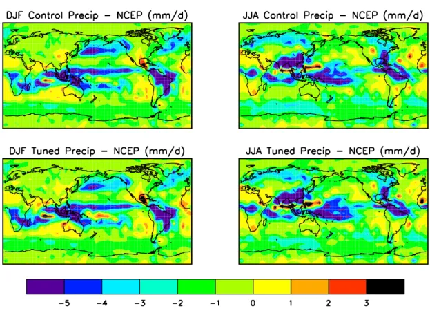 Fig. 5. Model precipitation error (mm/d), before and after tuning.