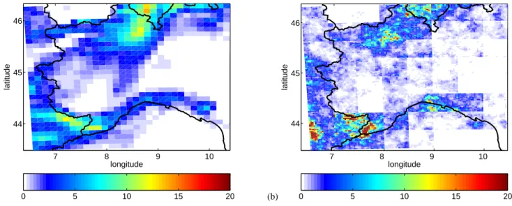 Fig. 1. The computational domain considered in this work, centered on north-western Italy, together with (a) a snapshot of a LEPS precipi- precipi-tation forecast with spatial resolution 10 km; and (b) the same field downscaled with RainFARM, using L o =40