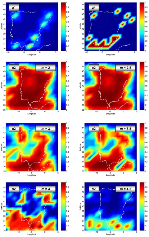 Fig. 6. Probabilistic Seismic Hazard Maps proposed for the Iberian Peninsula, with the Moore’s neighbourhood, r =1.