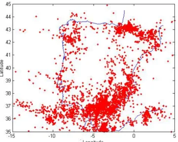 Fig. 5. Epicenter distribution of the earthquakes occurred in the Iberian Peninsula between 1970 and 2001.