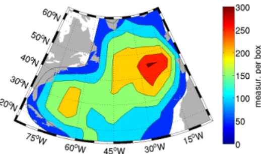 Fig. 1. The number of the temperature profiling data at the surface of the North Atlantic for the 10 ◦ boxes for the 1999–2005.