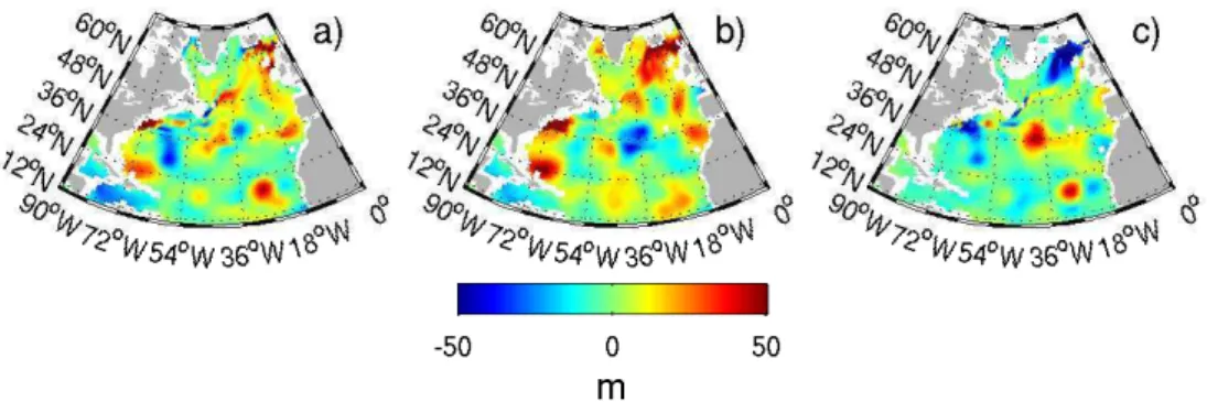 Fig. 5. The variation of the depth of the neutral surface of 27.5 between 2004 and 2003 due to both temperature and salinity anomalies (left), temperature only (middle) and salinity only (right).
