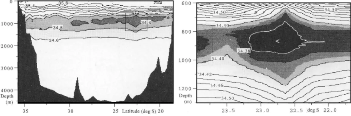 Fig. 13. A submerged eddy in the depth range of Antarctic Intermediate Water observed in section P14C of the World Ocean Circulation Experiment (WOCE) across the South Fiji Basin