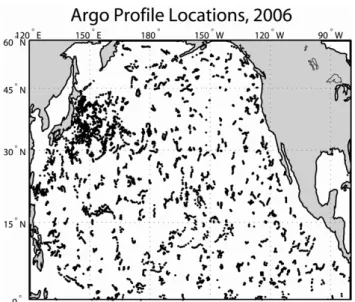 Fig. 1. Locations of 4997 Argo profiles in the indicated area in winter (January–March) 2006.