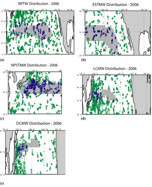 Fig. 3. Distribution of floats and various water masses in 2006. Blue (green) symbols are where floats measured properties at 10 m within (outside of) the range of the water mass as indicated in Table 1