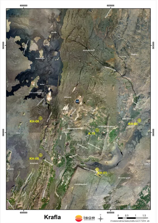 Figure 1. Aerial map of the Krafla high-temperature geothermal field. The caldera rim is marked with a black line