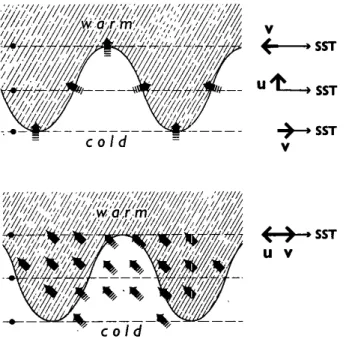 Fig. 1. Schematic representation of perturbation of the surface wind field (U=zonal wind, V=meridional wind) associated with a TIW, following the hypothesis suggested by Lindzen and Nigam (1987) (top panel) and Wallace et al